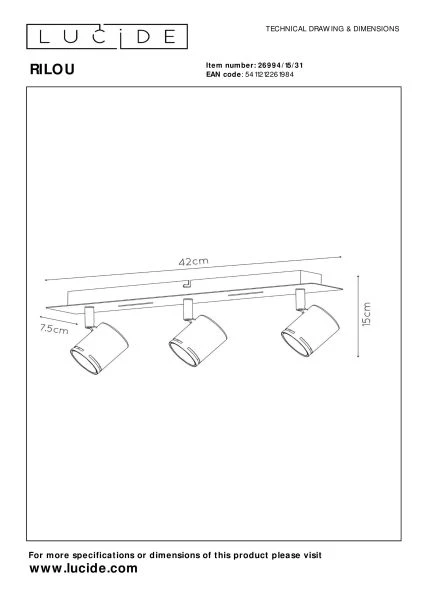 Lucide RILOU - Spot plafond - LED Dim. - GU10 - 3x5W 3000K - Blanc - technique